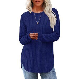 Women's Navy Blue Crewneck Long Sleeve Tunic Loose Sweaters Shirts Tops Clothes